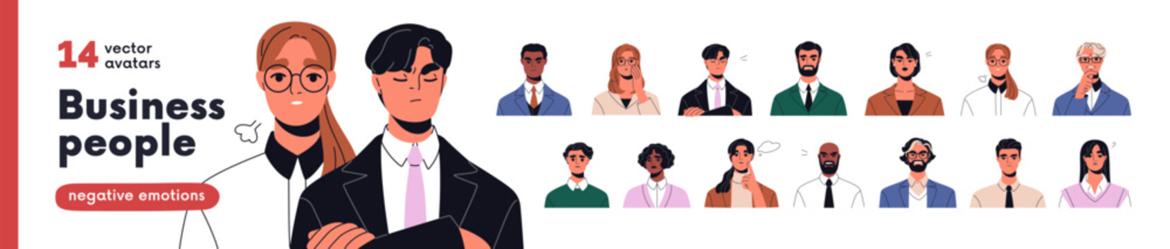 Business people avatars with negative emotions set. Office workers, employees with angry, sad, stressed face expressions. Worried professionals. Flat vector illustrations isolated on white background.