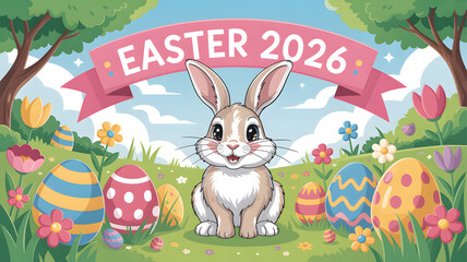 Easter 2026 festive illustration with bunny and decorated eggs