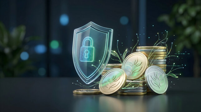 Sustainable investment concept with growing plants on coin stacks protected by digital shield for green finance