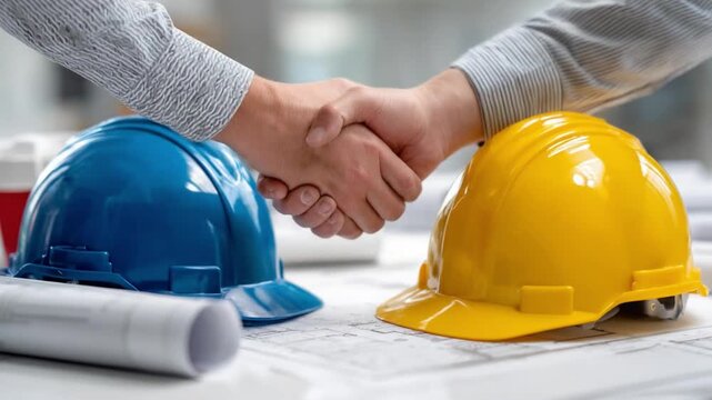 Construction Collaboration: Two hands clasped in a firm handshake, a symbol of partnership amidst a construction site. This image reflects the core of teamwork and agreement in the building trades.