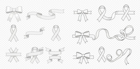Set of white hand-drawn ribbon banners, bows, and awareness loops on transparent background.