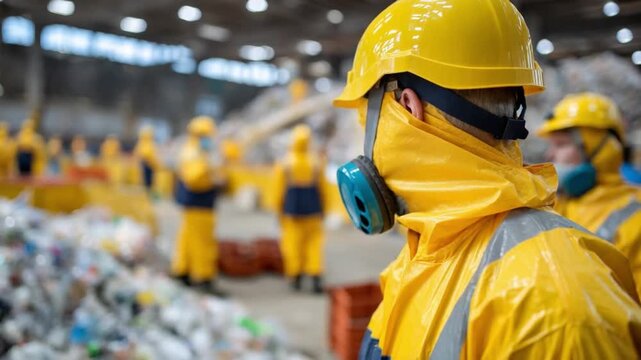 Safety First: Workers in a yellow protective suit meticulously sorting through waste in an industrial facility, prioritizing safety and hygiene.