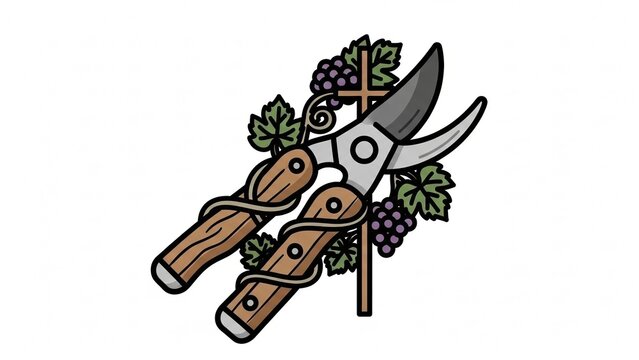 Flat illustration of pruning shears and grapes, green and violet tones, representing the Tryphon Zarezan winegrowers holiday