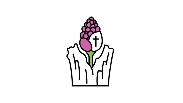 Minimalist illustration of a vine and cross, purple and green, representing Tryphon Zarezan holiday and wine production