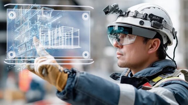 Augmented Reality in Construction: A skilled construction worker, wearing cutting-edge augmented reality technology, examines a holographic architectural plan.