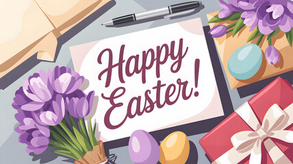 Easter celebration with greeting card and gifts