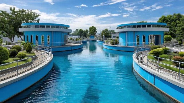 Aqua Vista:  A harmonious blend of architecture and nature, the scene unfolds with a striking blue structure and waterway, capturing the essence of serene waterscapes and innovative design.