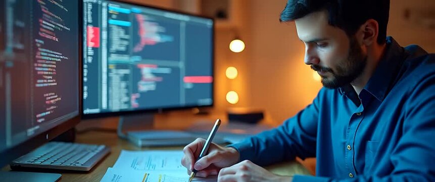 Focused programmer writes code amidst glowing screens, as the camera slowly tracks sideways, capturing a cinematic ambiance with ambient light flicker and soft bokeh background.