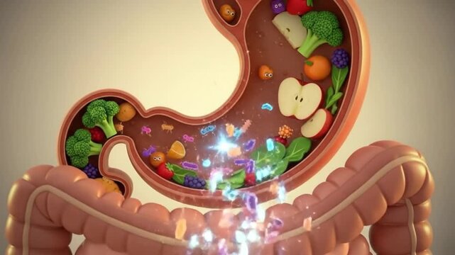 Illustration of the human stomach with healthy food and probiotics promoting gut health.