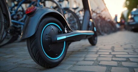 The electric scooter wheel on cobblestone pavement with blurred city evening background