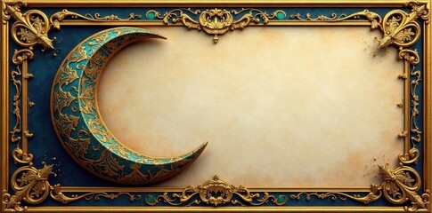 Intricate gold frame, Arabic calligraphy script below crescent moon , detail, aesthetic