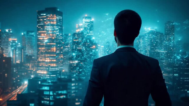 Businessman from back looks at night city lights holding head in despair. Concept of financial crisis, business failure, stress, mental pressure and urban solitude