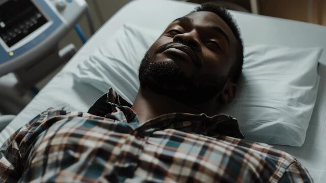 A man is lying on a bed in an intensive care unit. He's wearing a plaid shirt and appears to be looking at something off-camera with concern.