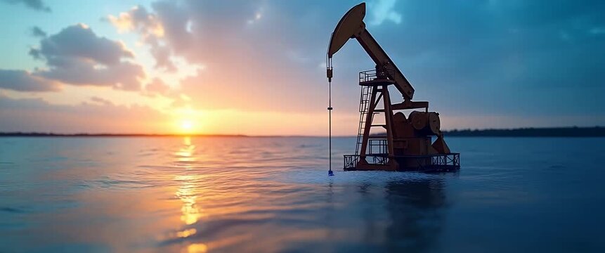 Offshore oil rig pumps rhythmically at sunset as camera pans slowly across calm ocean waves, capturing the serene yet industrious atmosphere in a cinematic, tranquil scene.