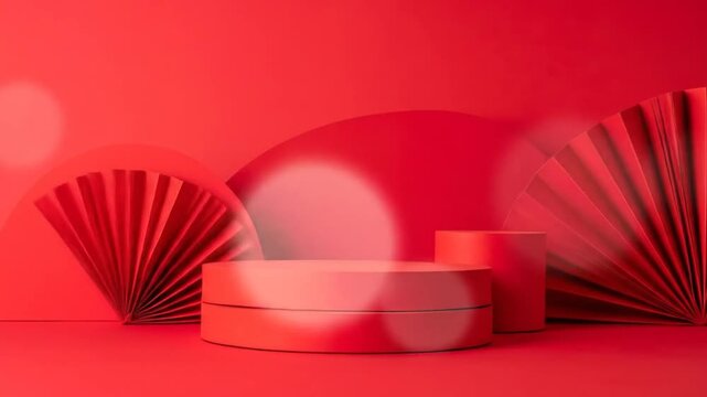 Red platform with Asian paper fans.