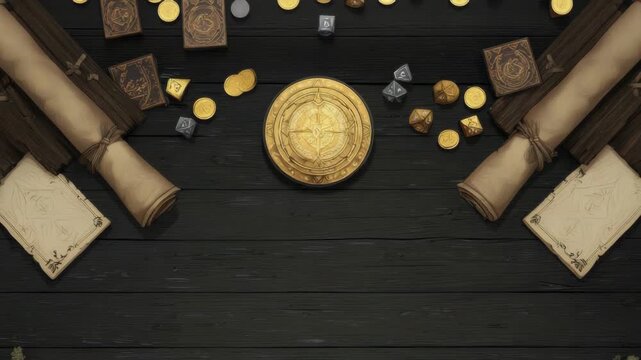 fantasy, tabletop, game, scrolls, coins, dice, wood, dark, ancient, adventure, magic, map, roleplay, tokens, parchment, board, tabletopgame, dungeon, medieval, illustration, stylized, mysterious, trea