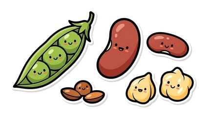 Cartoon Vegetables and Legumes with Smiling Faces.
