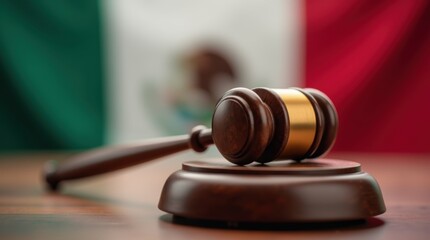 Obraz premium A wooden gavel rests on a circular base, with the Mexican flag blurred in the background, symbolizing justice and law. 