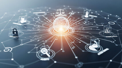 Global Compliance and Security Network Concept, Legal Regulatory Standards and Data Privacy Governance Visualization

