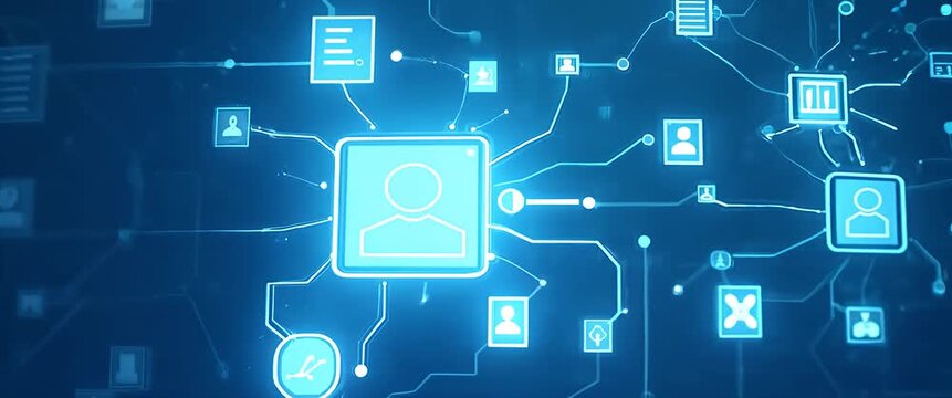 Digital Network Visualization: A cinematic exploration of dynamic data nodes in motion, with a slow pan across a glowing virtual grid, highlighting futuristic connectivity and technology.