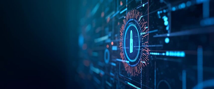Futuristic digital security theme with animated lock icon rotating; camera slowly tracking right, revealing dynamic data flow; cinematic style emphasizes cybersecurity technology.