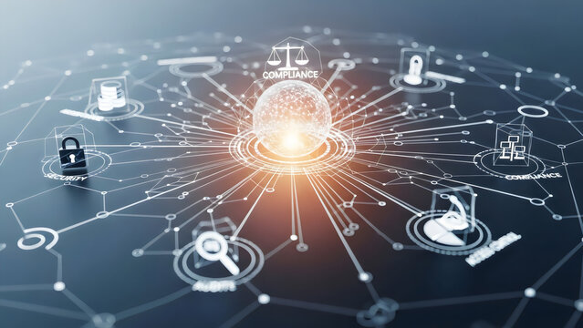 Global Compliance and Security Network Concept, Legal Regulatory Standards and Data Privacy Governance Visualization

