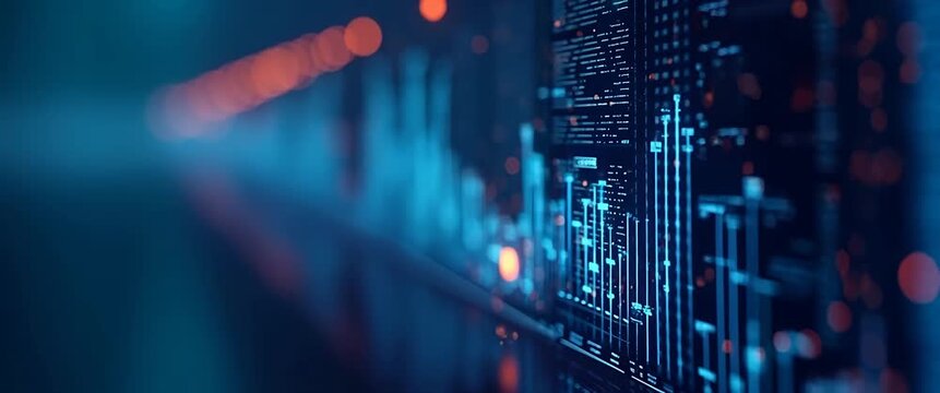 Dynamic data flow in a futuristic digital interface with glowing graphs, as the camera slowly pans, highlighting financial analytics in a cinematic style.