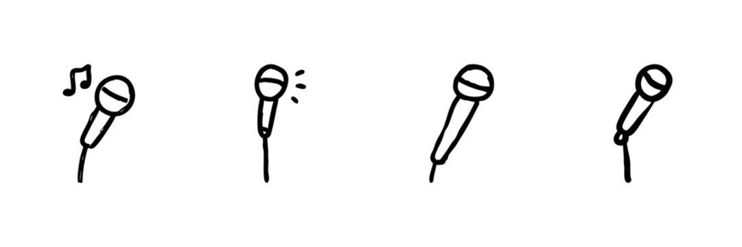 Microphone Line Icon Set In Doodle Style. Music Performance, Singing, And Audio Recording Outline Sketch Collection. Hand Drawn Isolated Vector Illustration