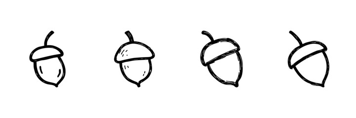 Fototapeta premium Acorn Line Icon Set In Doodle Style. Nature, Growth, And Autumn Symbolism Outline Sketch Collection. Hand Drawn Isolated Vector Illustration