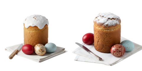 Festive arrangement of traditional easter kulich cakes surrounded by brightly decorated eggs (pysanky) for holiday table setting