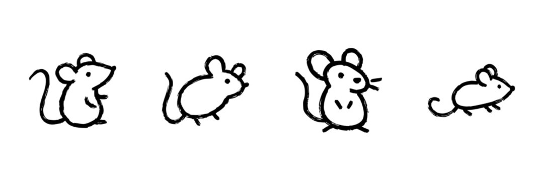 Mouse Line Icon Set In Doodle Style. Cute Rodent Illustrations For Children'S Books And Educational Materials. Hand Drawn Isolated Vector Illustration