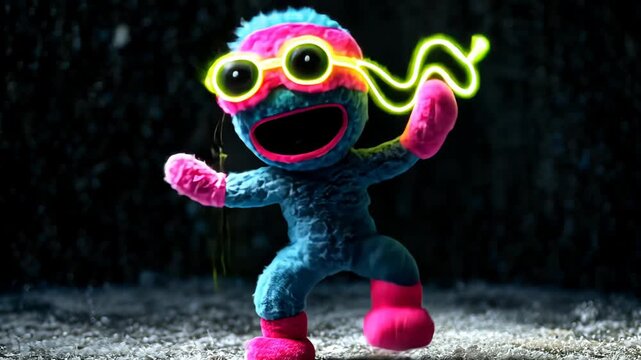 Colorful Animated Toy Character with Fuzzy Texture and Sunglasses: A Fun and Vibrant Soft Toy for Imaginative Play in Fantasy World