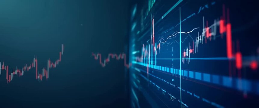Dynamic stock market graphics pulse with vibrant data, as the camera executes a slow pan across a high-tech financial display, in a sleek, cinematic style.