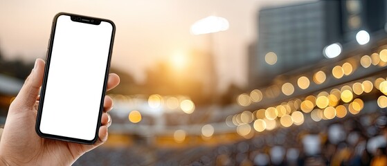 Hand holds a blank mobile phone screen in front of a football stadium ready for advertising or social media content