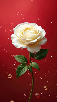 Time lapse, White rose with falling petals on a blurry red background. Valentine's Day celebration, flowers online, flower store, festive vertical futage