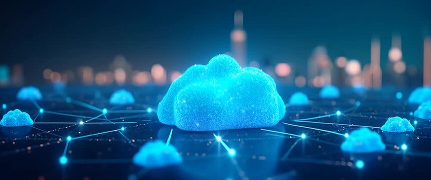 Cinematic digital cloud network scene with glowing data nodes; clouds gently pulse as the camera slowly pans across a futuristic cityscape, highlighting technology and connectivity.