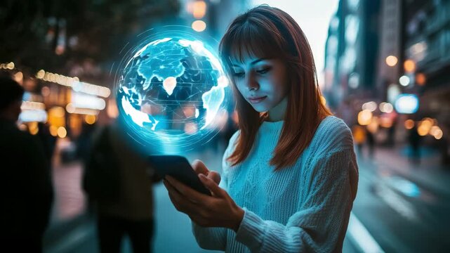 Young woman using phone with glowing blue world map hologram in busy urban street. Concept of international roaming, worldwide web, digital nomad and global connectivity