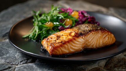 A close-up photo of grilled salmon with salad on a navy blue plate, showcasing the delicious and fresh style of the dish. The natural stone tabletop provides a simple, elegant backdrop.
