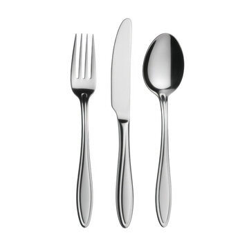 Silver fork knife and spoon on black silverware utensils isolated on a transparent background