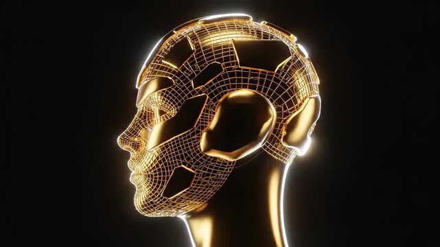 Golden wireframe human head, AI and digital technology concept