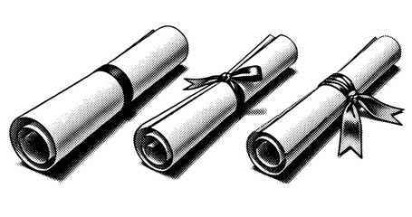 Three rolled graduation diplomas with ribbons in black and white illustration