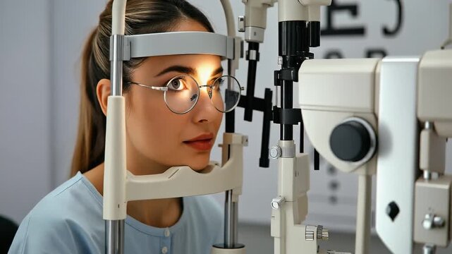 Young woman undergoing an eye exam at the optician with advanced equipment