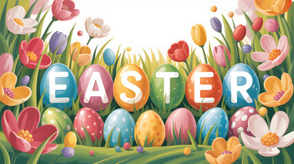 Vibrant easter eggs and tulips illustration