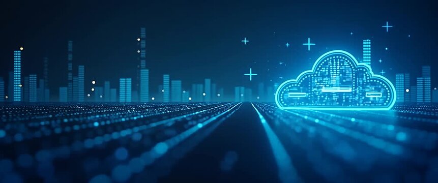 Digital cloud icon pulsates with energy as camera slowly pans across a futuristic cityscape; glowing data streams create a cinematic, technology-driven ambiance.