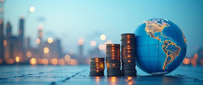 Stacks of coins rise beside a glowing globe with a city skyline in the background; camera slowly pans as lights softly flicker, creating a cinematic portrayal of global finance growth.