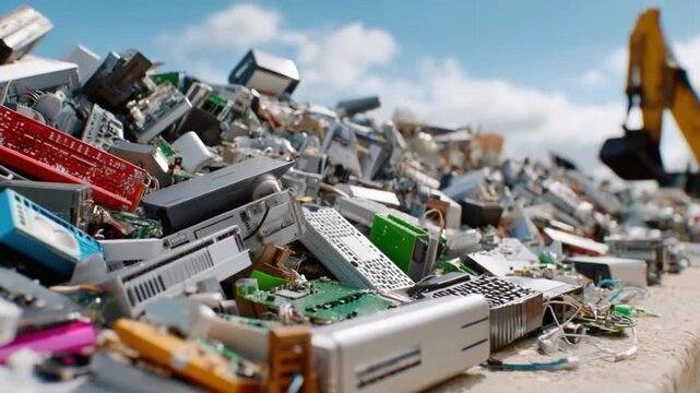 Electronic Waste Heap: A mound of discarded electronics awaits processing under a clear, bright sky, revealing the scope of e-waste recycling.