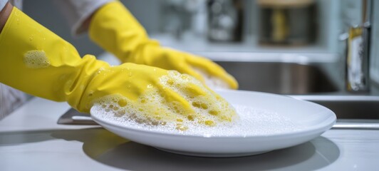 The plate being washed with yellow rubber gloves and soapy suds in a kitchen sink
