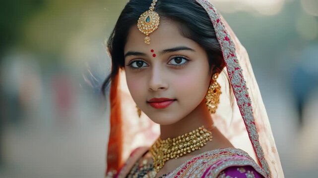 Elegant woman wearing traditional South Asian bridal attire with red lip color and a radiant smile.