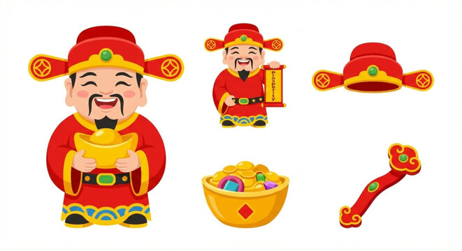 Cheerful Chinese God of Wealth Caishen Holding Gold Ingot and Auspicious Symbols for Lunar New Year Festivities