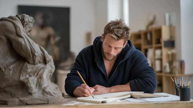 A sculptor studying a clay maquette from multiple angles, sketchbook nearby, reflecting the planning and conceptual phase of three-dimensional art. cinematic color correction, natural uneven